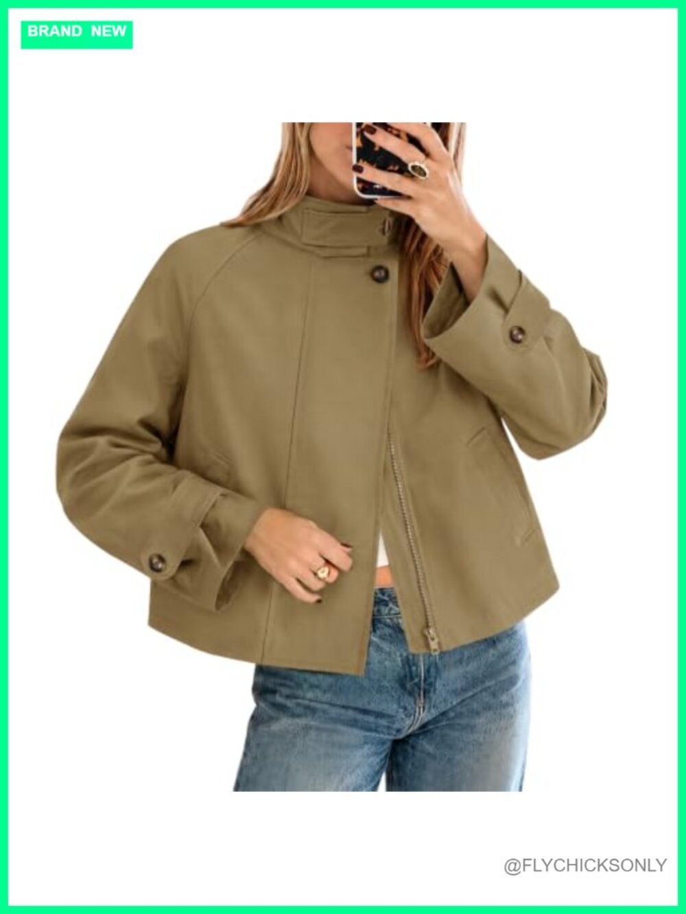 Women's Cropped Trench Coat Funnel Neck Zip Up Raglan Sleeve Fall Jacket